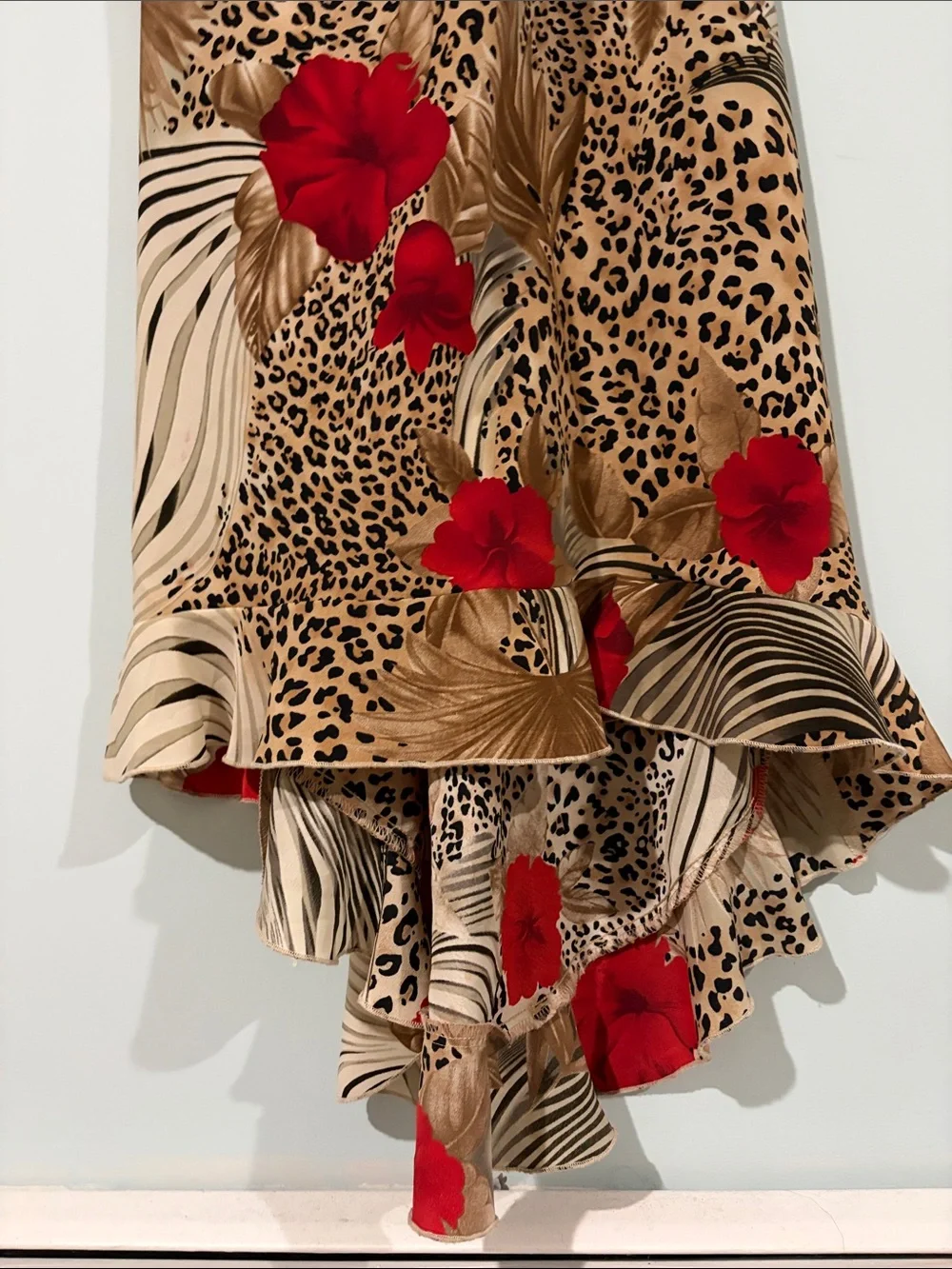 Y2K-era Tropical Leopard Slip Midi Dress with Red Floral - Picture 6 of 9